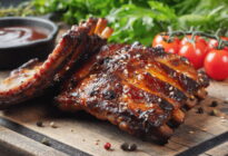 Closeup of pork ribs grilled with BBQ sauce and caramelized in honey. Tasty snack to beer on a wooden Board for filing on dark concrete background.